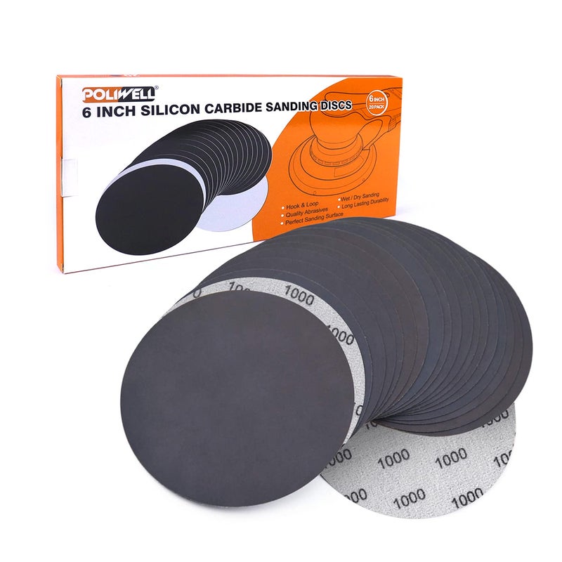 POLIWELL 6 Inch (150mm) 1000 Grit High Performance Waterproof Hook & Loop Sanding Discs Heavy Duty Silicon Carbide Round Flocking Sandpaper for Wet/Dry Sanding Grinder Polishing Accessories, 20-Pack - Image 1
